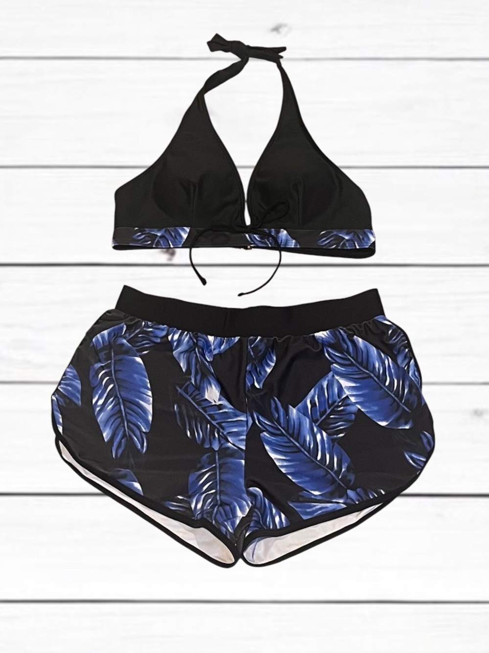 NEW Blue Tropical Palm Print Swim Set Halter Top & Board Shorts Two Piece Size L